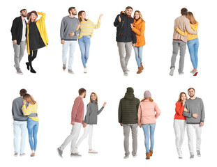 Collage with young couple in casual clothes walking on white background