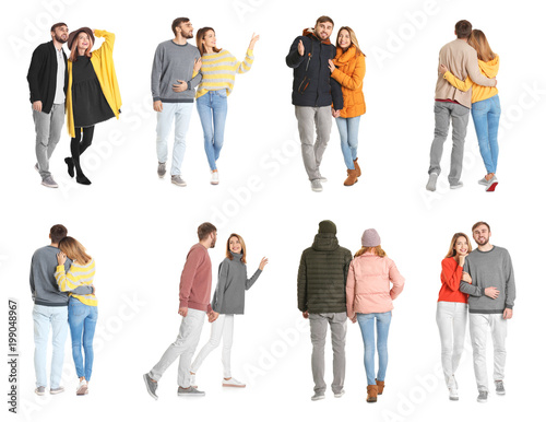 Collage with young couple in casual clothes walking on white background