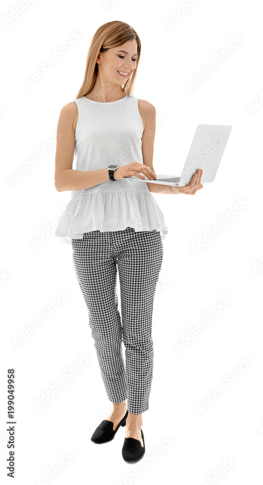 Female teacher with laptop on white background Female teacher with laptop on white background