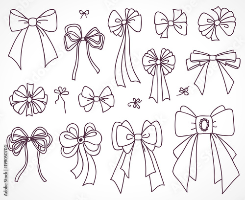 Set of bows for the design congratulatory cards, gifts, souvenirs. Drawing sketches