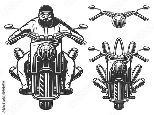 Motorcycle chopper, front, motorcycle driver, monochrome, wheel, headlamp