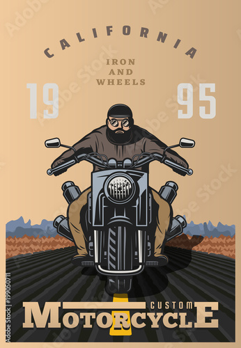 Vintage style motorcycle poster. motorcyclist on the road with desert background. Motorbike vector illustration. biker on chopper bike