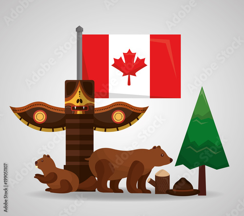 canada totem bear beaver forest pine flag vector illustration