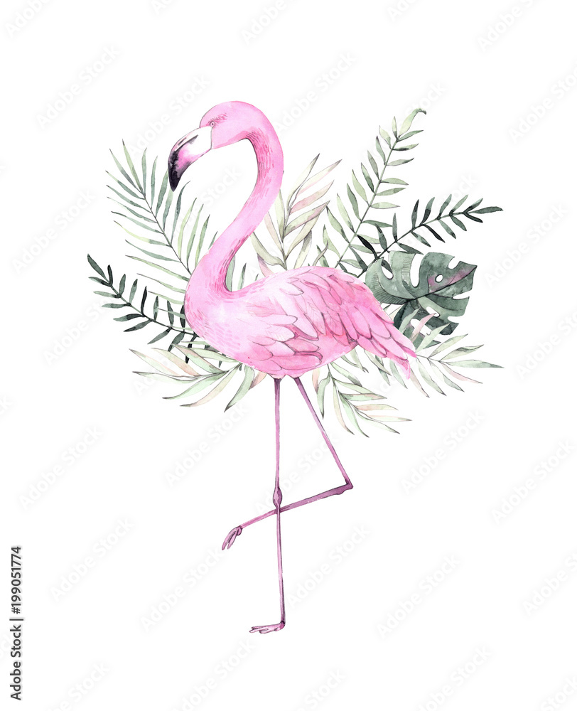 Fototapeta Ręcznie rysowane akwarela ilustracja. Nadruk z różowym flamingiem i tropikalnymi liśćmi. Idealny do zaproszeń, kart okolicznościowych, plakatów, blogów itp
