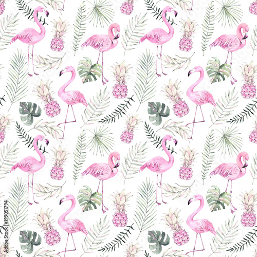 Hand drawn watercolor seamless pattern. Background with pink flamingo, pineapple and tropical leaves. Perfect for wrapping paper, fabric, linens, invitations, greeting cards, prints