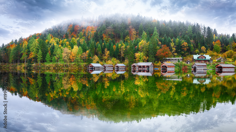 Fototapeta premium Misty morning on the lake Altausseer See Alps Austria Europe