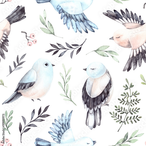 Hand drawn watercolor seamless pattern. Background with cute spring birds, ferns and green branches. Perfect for wrapping paper, fabric, linens, invitations, greeting cards, prints