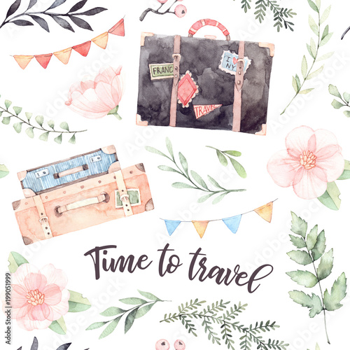 Hand drawn watercolor seamless pattern. Time to travel. Fashion suitcases with stickers, flowers, Lettering, garland with flags. Trip to World. Perfect for invitations, greeting cards, prints, flyers