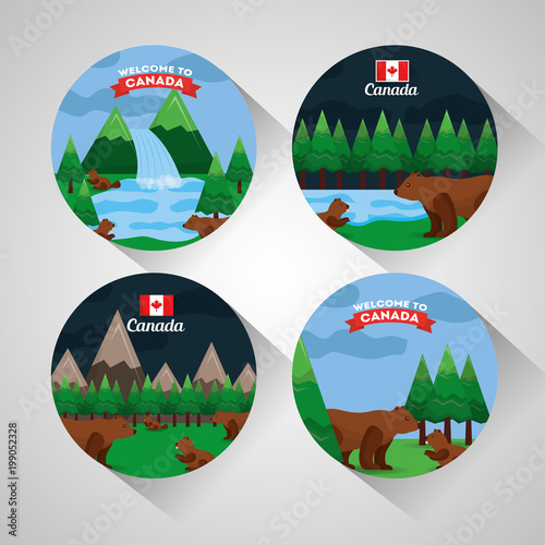 welcome to canada labels forest natural lake waterfall bear beaver vector illustration