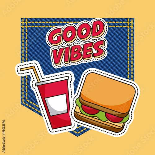 patches fast food good vibes soda sandwich vector illustration