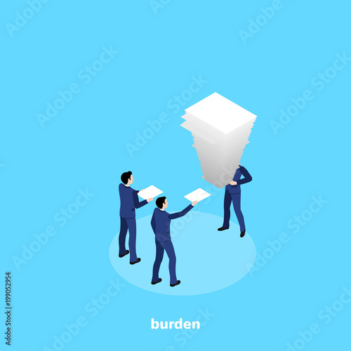 a man in a business suit holds a large stack of paper in his hands, an isometric image