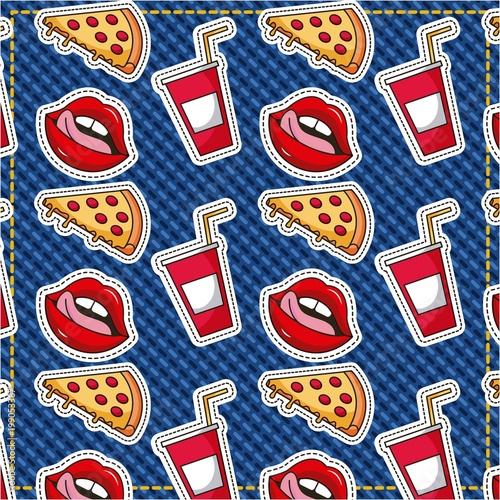patches fast food pizza soda and mouth female vector illustration