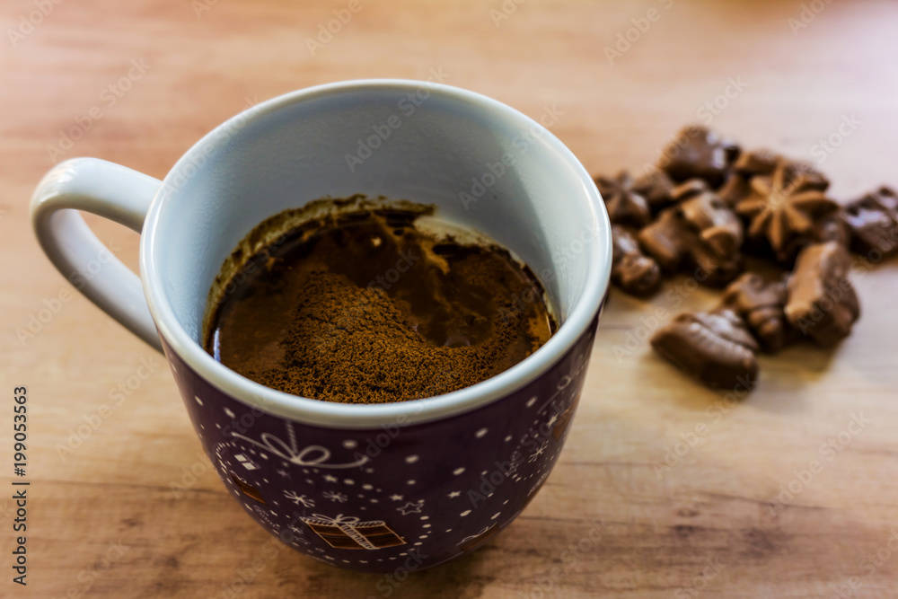 A cup of fragrant coffee and chocolate, delight of the senses, morning freshness. Blurred background, shallow depth of focus. A cup of fragrant coffee and chocolate, delight of the senses, morning freshness. Blurred background, shallow depth of focus.
