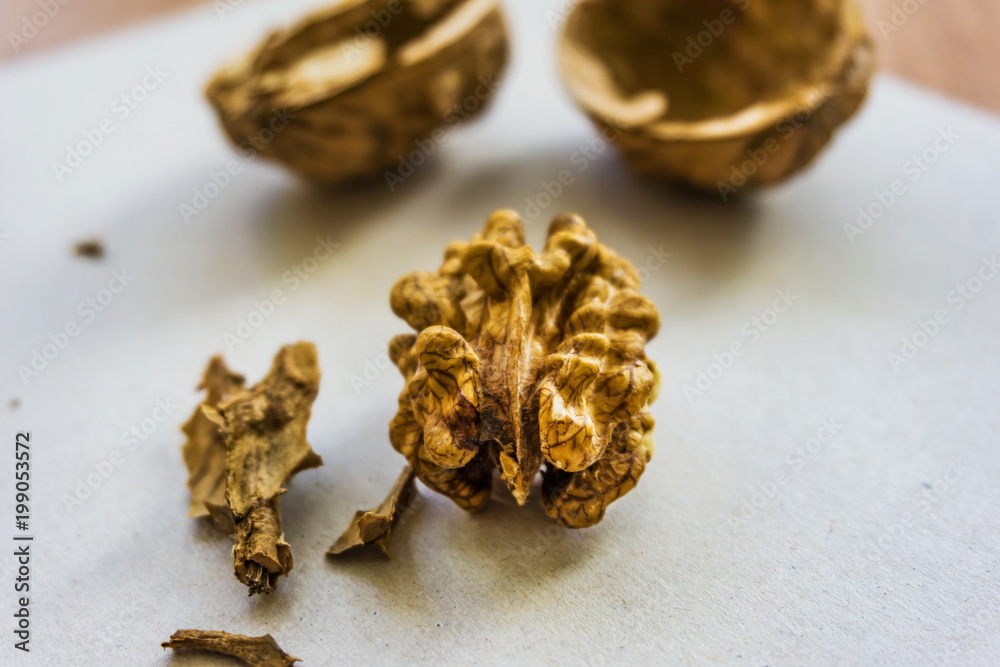Broken walnut eating on the kitchen table, rich in protein, fat, iron, phosphorus, magnesium and other mineral salts, B-group vitamins and a whole range of trace elements. Shallow depth of focus. Broken walnut eating on the kitchen table, rich in protein, fat, iron, phosphorus, magnesium and other mineral salts, B-group vitamins and a whole range of trace elements. Shallow depth of focus.