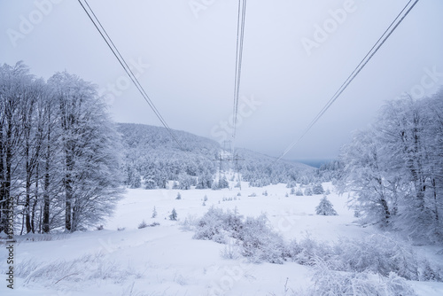 High voltage power lines in the winter.