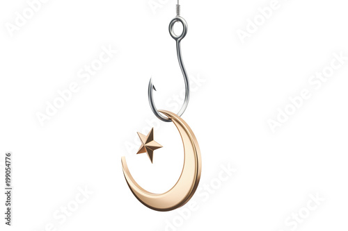 Hook with star and crescent, Islam Religion Trap concept. 3D rendering