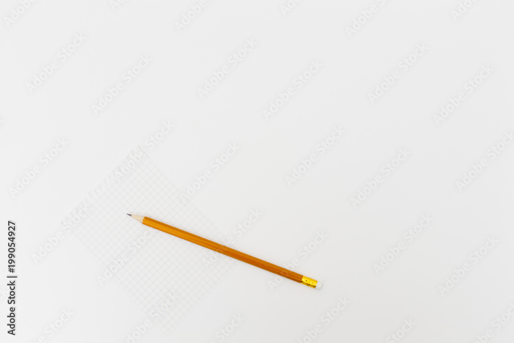 Blank white paper with pencil on a white desk. High quality graphic collage. Blank white paper with pencil on a white desk. High quality graphic collage.