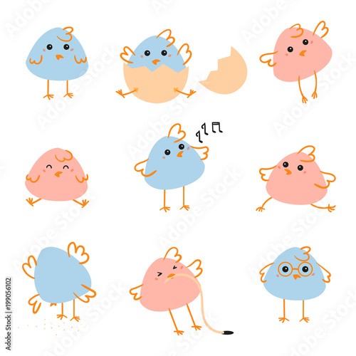 Happy Easter day illustration. Easter chicken in the egg  with worm  happy chick  running. Various poses and situations. For traditional annual national easter holiday. Vector flat illustration