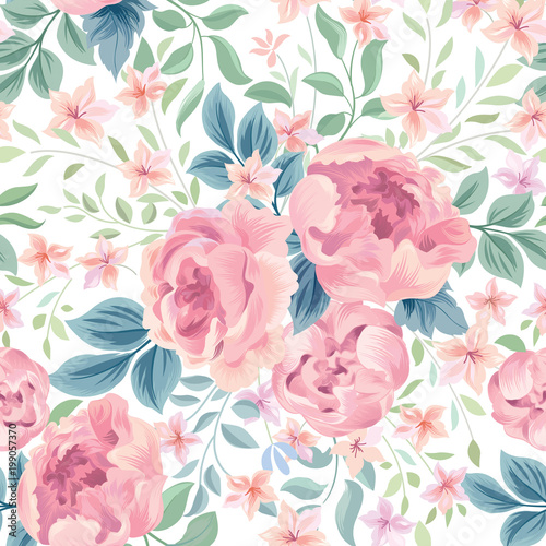 Floral seamless pattern. Flowers and leaves garden background