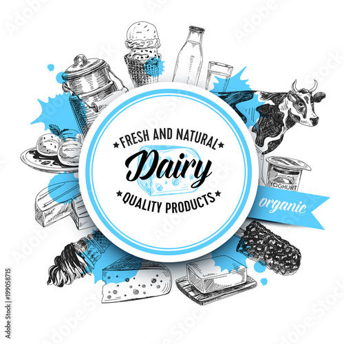 Beautiful vector hand drawn dairy products Illustration.
