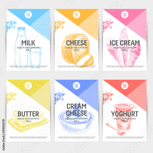 Beautiful vector hand drawn dairy products card set.