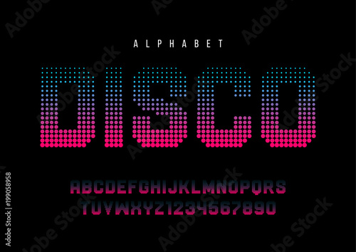 Disco dotted halftoned display font design, alphabet, typeface, 
