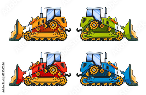 Bulldozers 4 color variations: Orange, Blue, Green and Red.