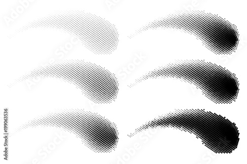 Set of halftone dots vector comet shapes. Abstract dotted stippling shapes. Monochrome halftone gradient falling star set.