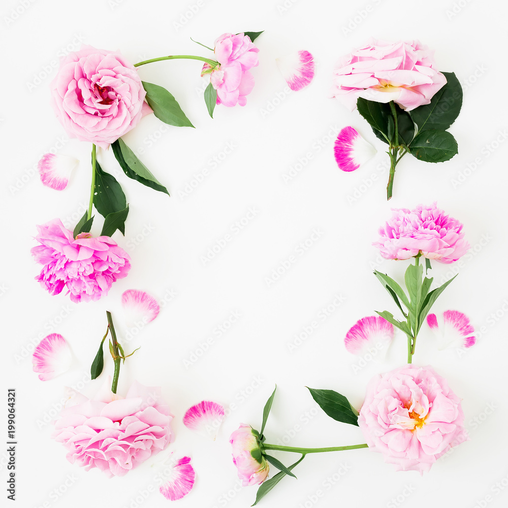 Floral frame made of pink roses on white background. Flat lay, Top view. Valentines day composition