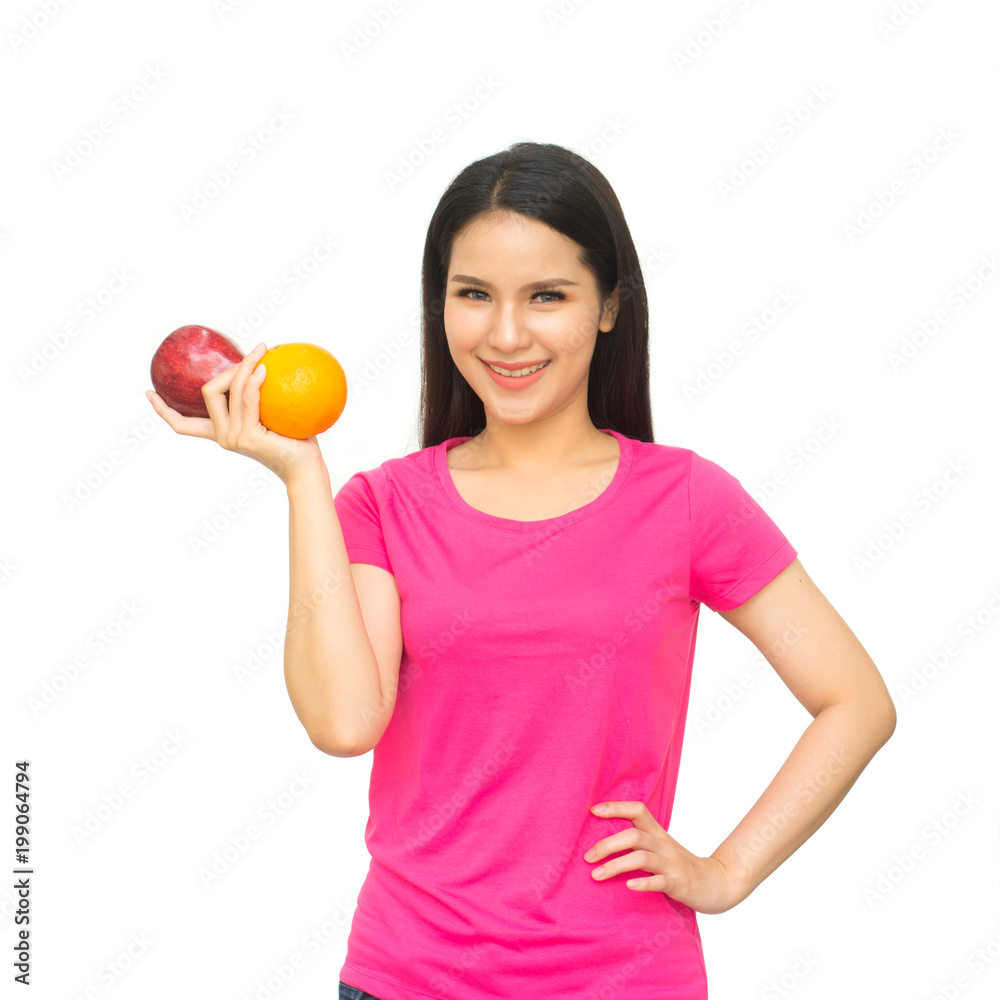 Health girl show red apple and orange with smile face isolated on white background, healthy eating food concept Health girl show red apple and orange with smile face isolated on white background, healthy eating food concept