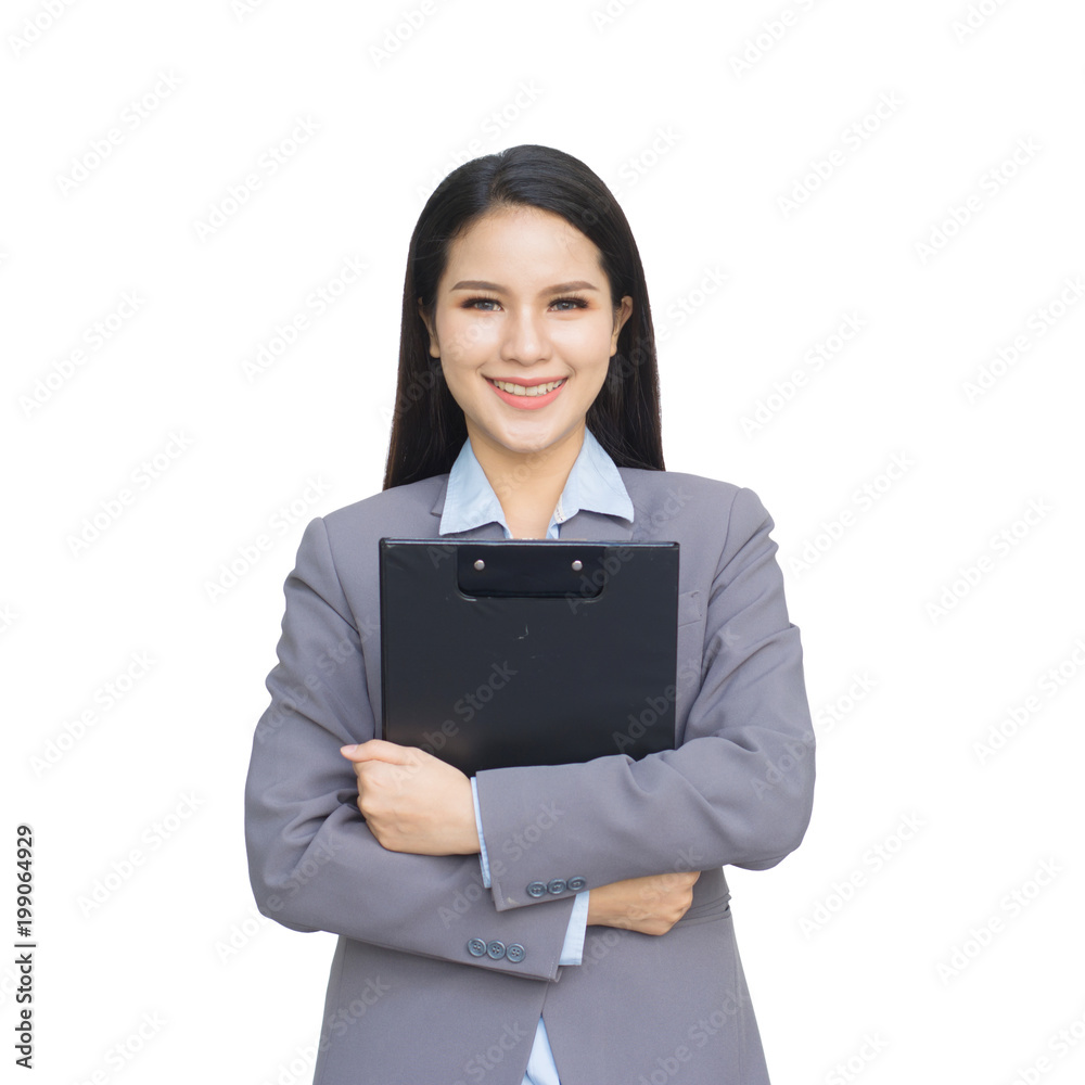Young businesswoman hold with clipboard isolated on white background. With clipping path Young businesswoman hold with clipboard isolated on white background. With clipping path
