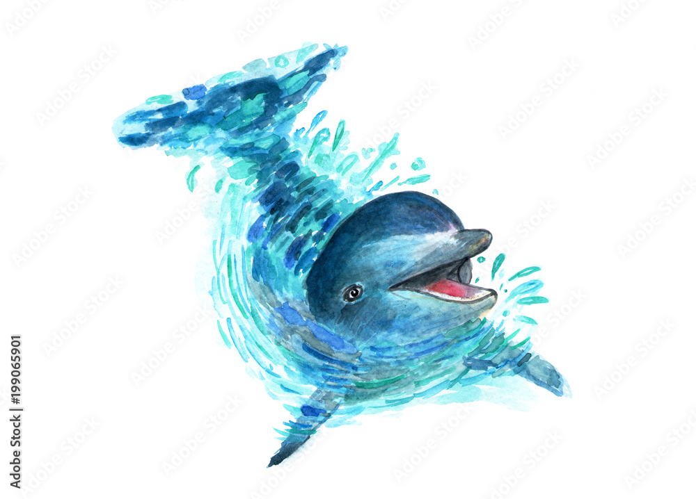 Fototapeta premium Delfin rozpryskuje się w wodzie. Akwarele. W wodzie bawi się zabawny delfin. Rozpryski lecą we wszystkich kierunkach. Modna ilustracja.