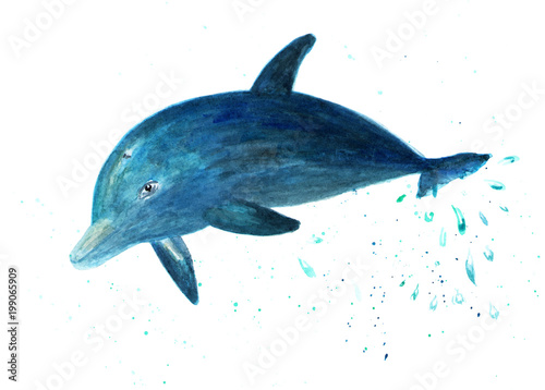 The dolphin jumps out of the water. Watercolor illustration. Dolphin in the jump. Fashionable background for print, fabric, shirt.