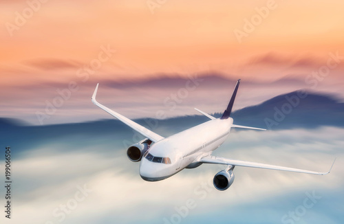 Airplane on the landscape background. Concept and idea of transportation