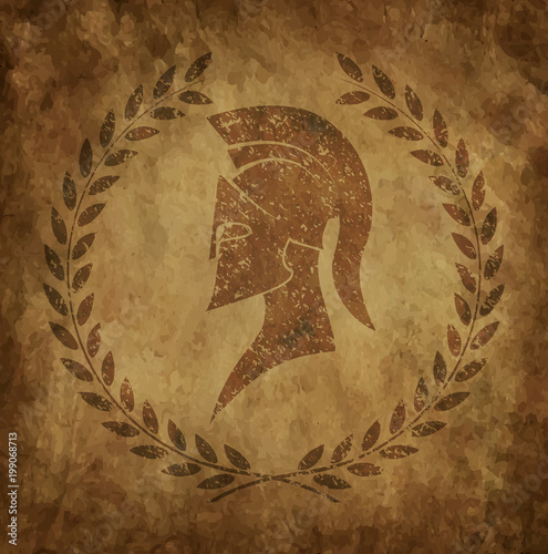 Photography Spartan helmet an icon on old paper in style grunge, is issued in antique Greek style