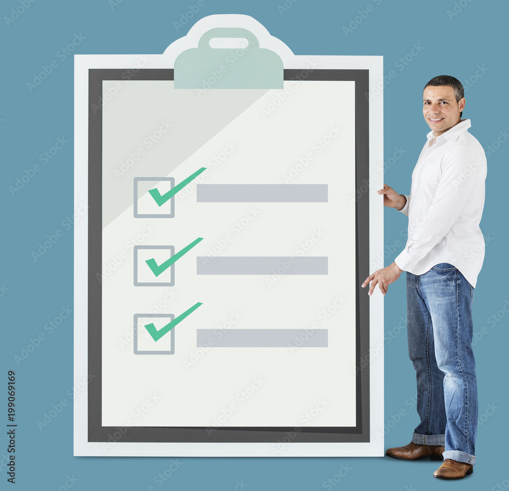 Fototapeta premium Man holding big clipboard mockup