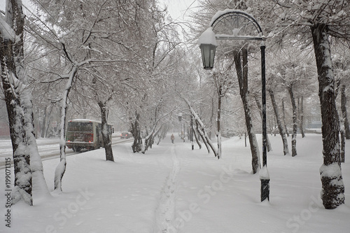 City landscape. Morning. The streets and trees are covered with fresh snow. Abakan. The Republic of Khakassia. 03/31/2018. photo