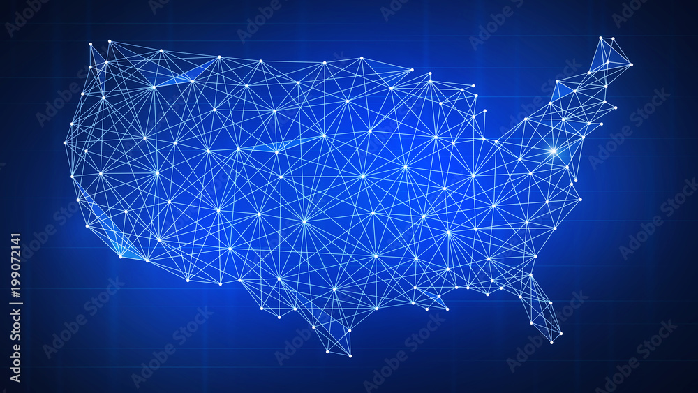 Fototapeta Mapa Polygon USA z siecią peer to peer w technologii blockchain na futurystycznym tle hud. Sieć, biznes p2p, e-commerce, handel bitcoinami i koncepcja transparentu biznesowego blockchain kryptowaluty.