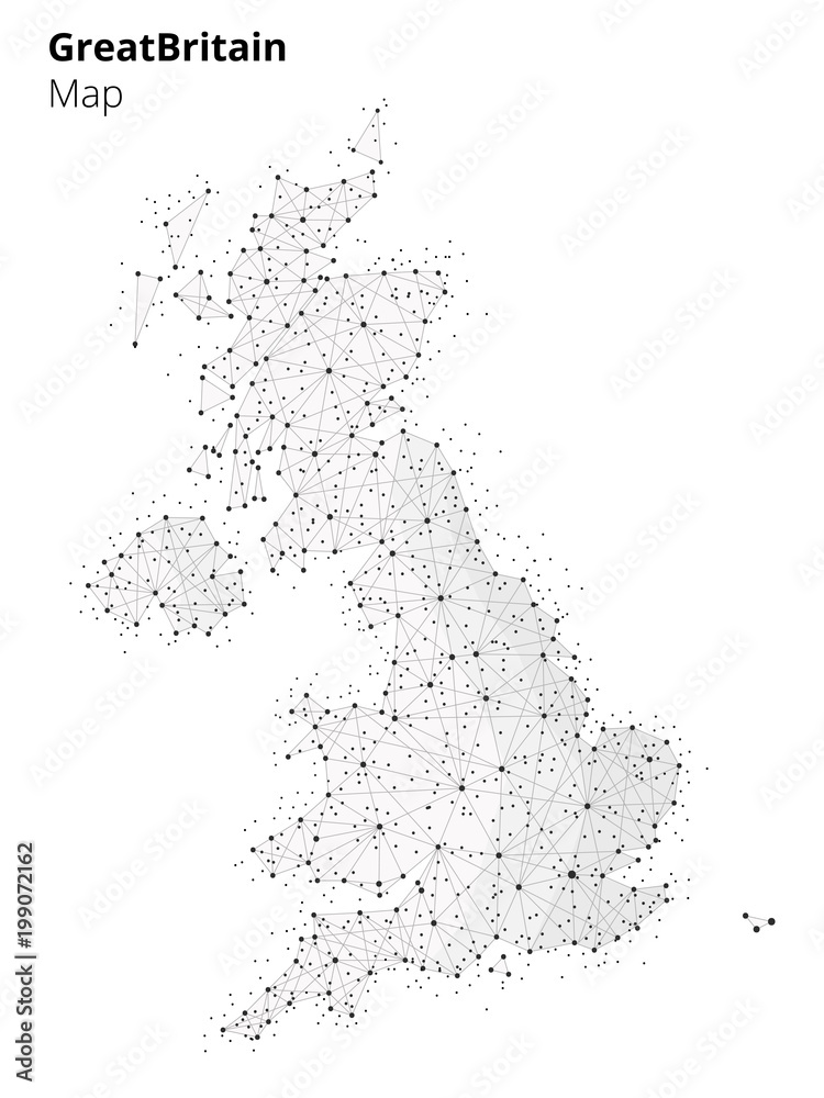 United kingdom map illustration in blockchain technology network style on white background. Block chain polygon peer to peer network connected lines technique. Cryptocurrency fintech business concept