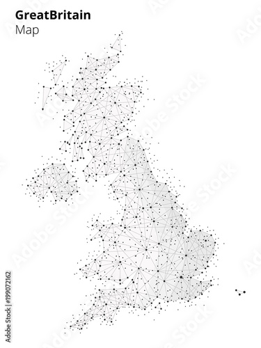 United kingdom map illustration in blockchain technology network style on white background. Block chain polygon peer to peer network connected lines technique. Cryptocurrency fintech business concept