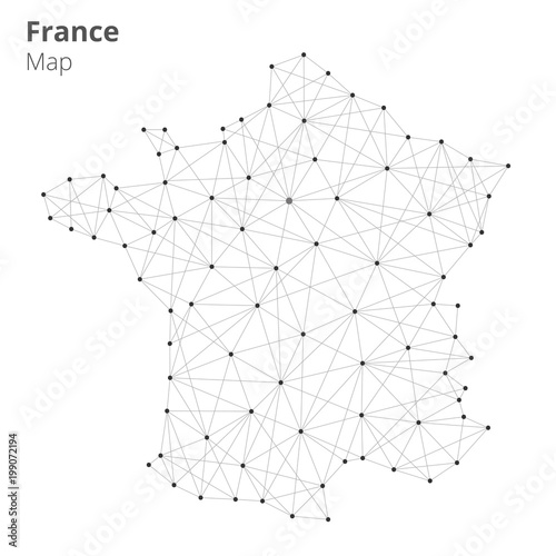France map illustration in blockchain technology network style on white background. Block chain polygon peer to peer network connected lines technique. Cryptocurrency fintech business concept