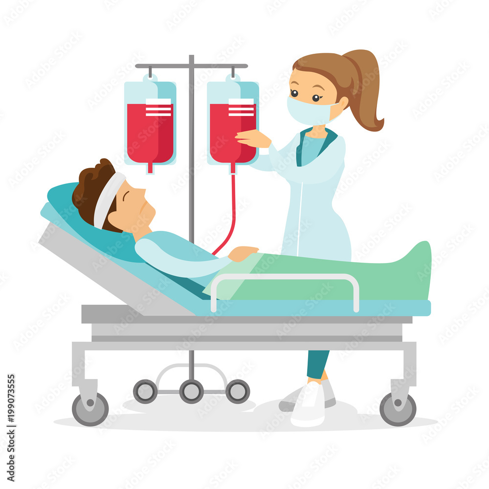 Caucasian white doctor visiting patient in coma lying in bed in the  hospital. Patient during blood transfusion procedure. Health care concept.  Vector cartoon illustration isolated on white background. Stock Vector |  Adobe