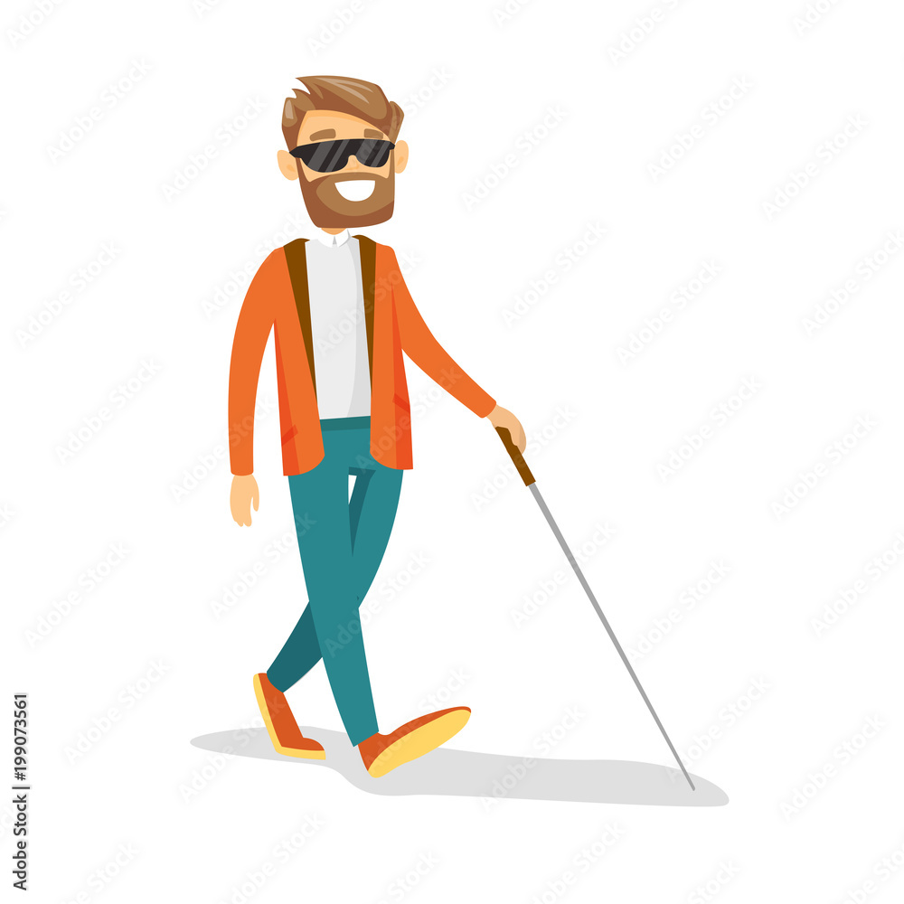 Premium Vector  Young blind man in dark glasses walking with a cane stick  on the street