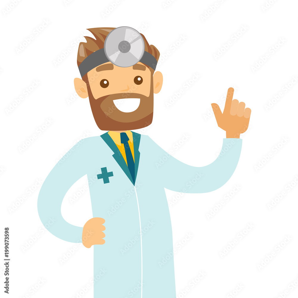 Young caucasian white otolaryngologist doctor. Audiologist doctor in medical gown and medical frontal reflector on the head used for examination of ear, nose, throat. Vector cartoon illustration.