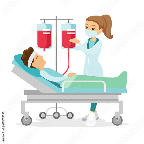 Caucasian white doctor visiting patient in coma lying in bed in the hospital. Patient during blood transfusion procedure. Health care concept. Vector cartoon illustration isolated on white background.