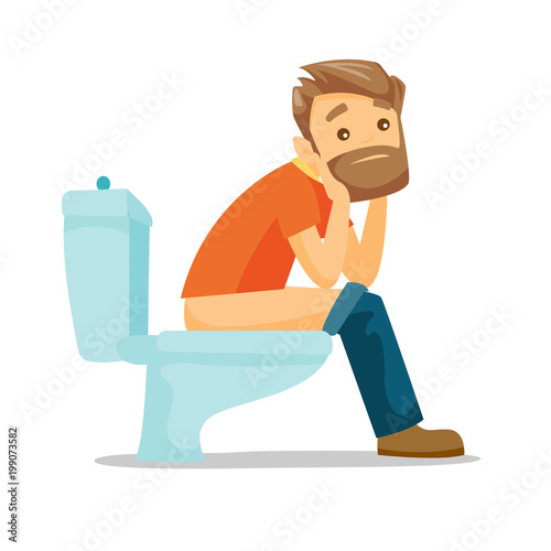 Caucasian white man sitting on the toilet bowl and suffering from constipation. Young hipster man suffering from diarrhea. Vector cartoon illustration isolated on white background. Square layout.