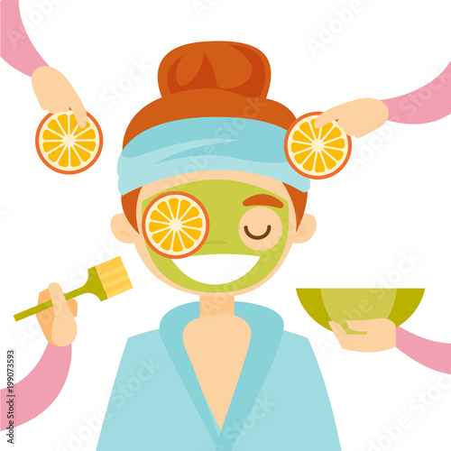 Hands of csmetologist applying orange and cosmetic mask on face of a young caucasian white client in beauty salon. Spa treatment and skin care concept. Vector cartoon illustration. Square layout.