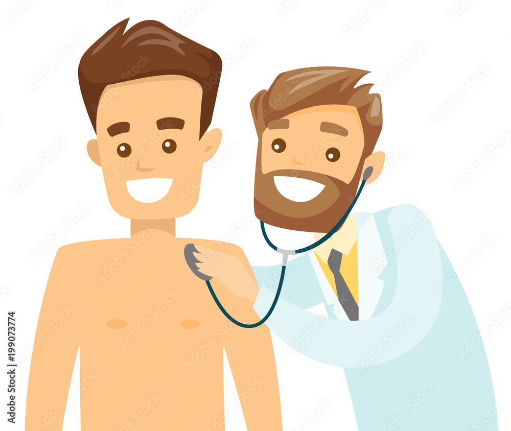 Young caucasian white doctor listening to the heart of a patient with a stethoscope. Patient visiting a doctor in the hospital to check his heartbeat. Vector cartoon illustration. Square layout.