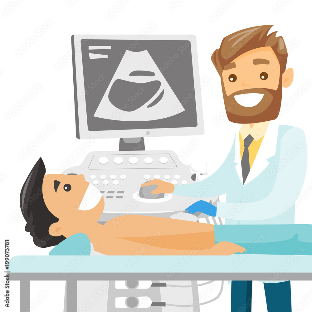 Caucasian white operator of an ultrasound scanning machine analyzing