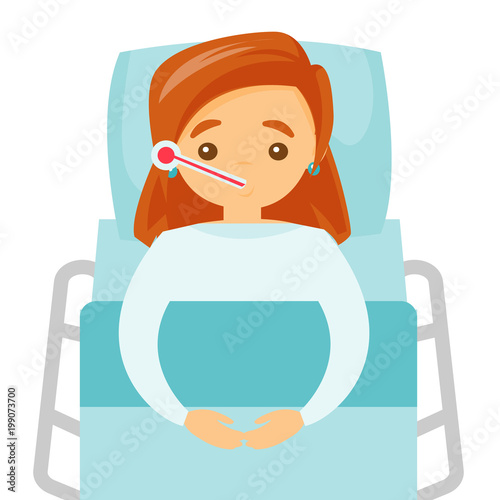 Sick caucasian white woman laying in hospital bed. Sick woman measuring temperature with a thermometer and suffering from cold. Vector cartoon illustration isolated on white background. Square layout.